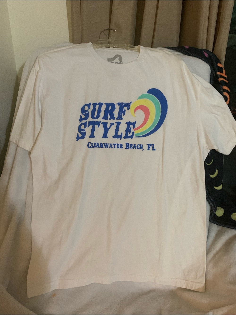 surf style White Tee with Blue Logo and Rainbow Wave